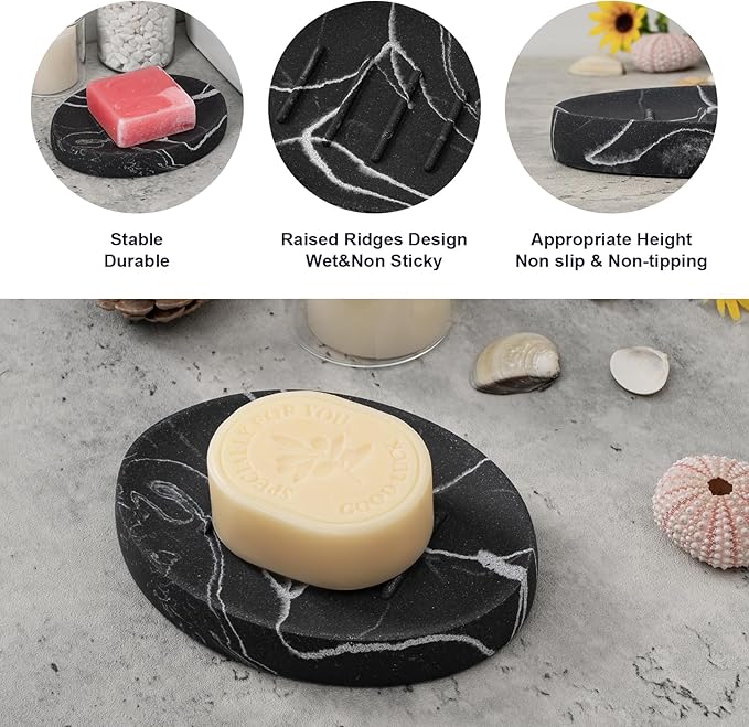 Soap Dish Bathroom Resin Marble Look Bar Soap Holder for Shower Soap Tray for Kitchen Sink 2 Pack(Marble Black)