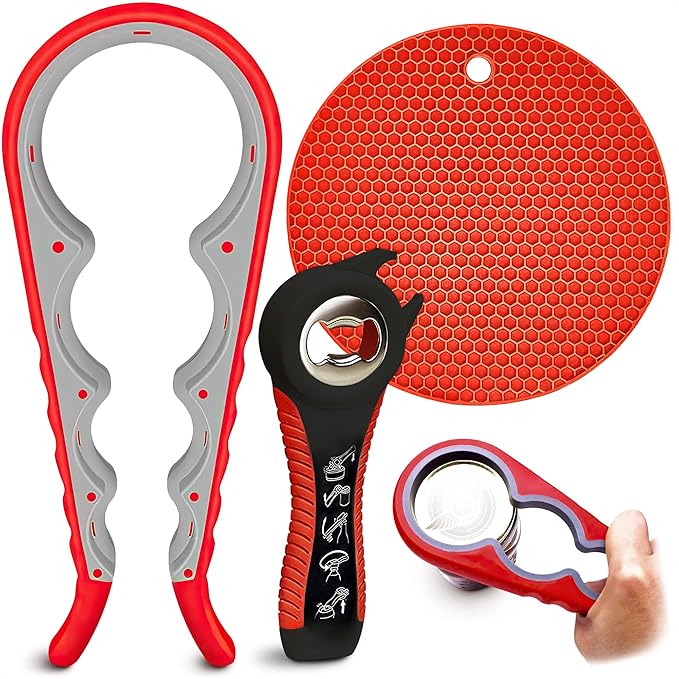 3 Pcs Rubber Jar Opener Grippers Tools for Seniors - Rubber Jar Opener Gripper Pad and 2 Openers for Seniors with Weak Hands, Ergonomic Handle, Easy to Use & Clean, Fits Up to 2.7 Inch Caps