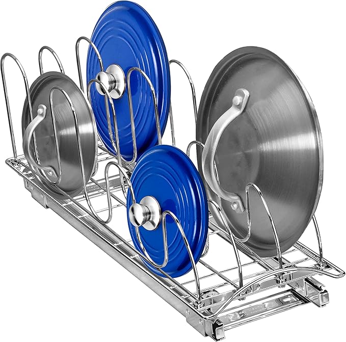 LYNK PROFESSIONAL® Pull Out Pot Lid and Cookie Sheet Organizer Rack for Cabinet - Lifetime Ltd. Warranty - Sliding Kitchen Organizers – Pans, Pots, Lids, and Tray Storage - 7.25 wide x 21 inch, Chrome