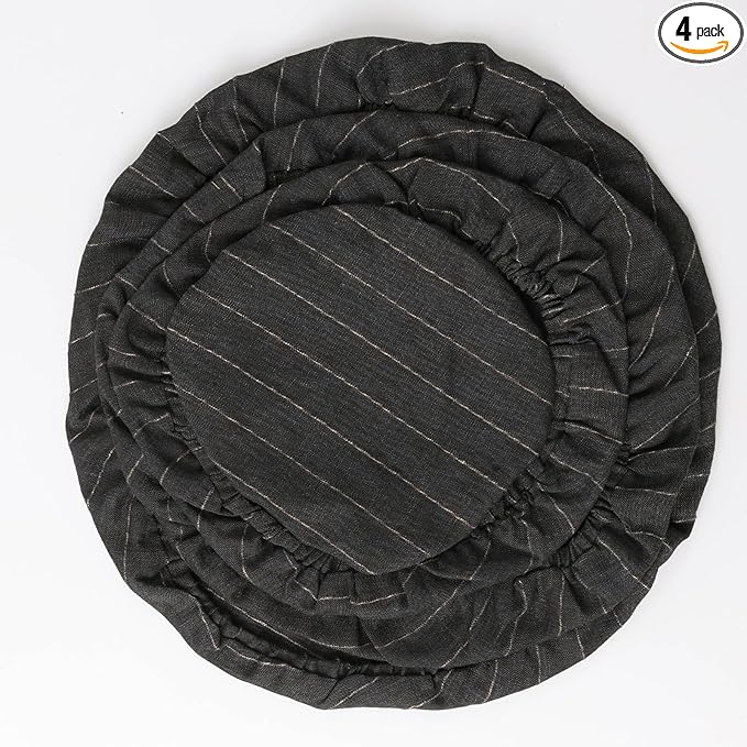 100% Linen Stripe Bowl Covers Reusable For Bread Proofing, 4 Pcs Elastic Cloth Fabric Bowl Covers, 5.9 * 7.9 * 9.8 * 11.8 Inches, Black