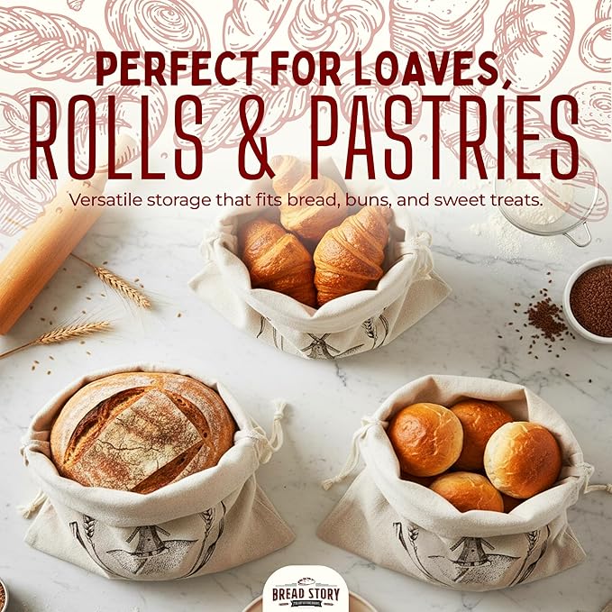 Linen Bread Bag – Reusable Linen Bags for Homemade Bread & Sourdough | Cloth Bags for Sourdough, Artisan Loaves, & Pastries | Unbleached Natural Fabric with Drawstring Closure, 3-Pack, 11 x 15"