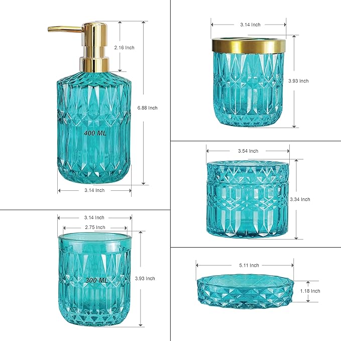 Teal Blue Bathroom Accessories Set, 5Pcs Clear Glass Bathroom Accessories, Hand Soap Dispenser Set, Soap Dish, Toothbrush Holder, Tumbler, Qtip Holder for Crystal Vantage Bathroom Decor