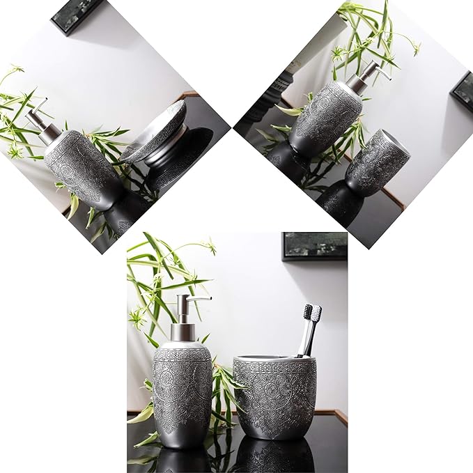 Hymmah Bathroom Accessories Set,Toothbrush Holder,Farmhouse Bathroom Decor,4 Pcs Resin Gift Set Apartment Necessities, Contain Toothbrush Cup,Soap Dispenser,Soap Dish,Tumbler
