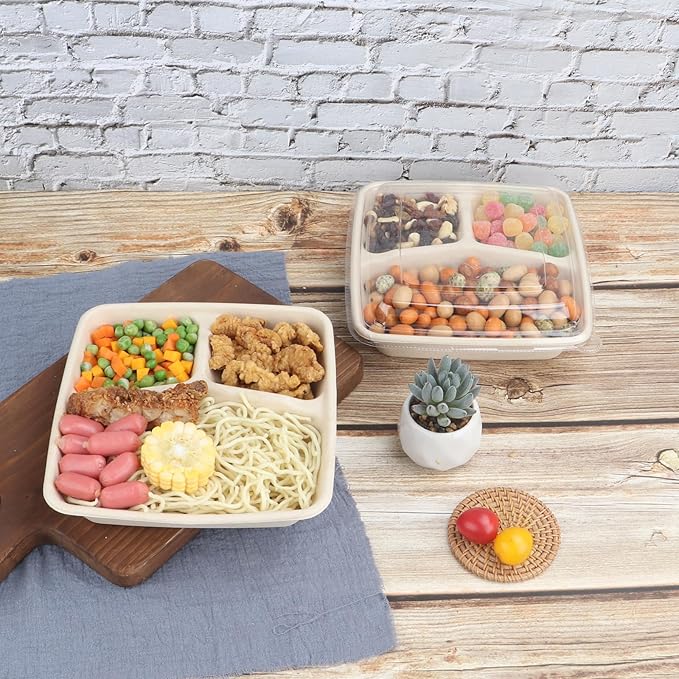 34 oz 3 compartments Square Disposable bowls with lids,Sugarcane Fibers Bowls take away food containers Plant Fibers Freezer Safe 25 Pack