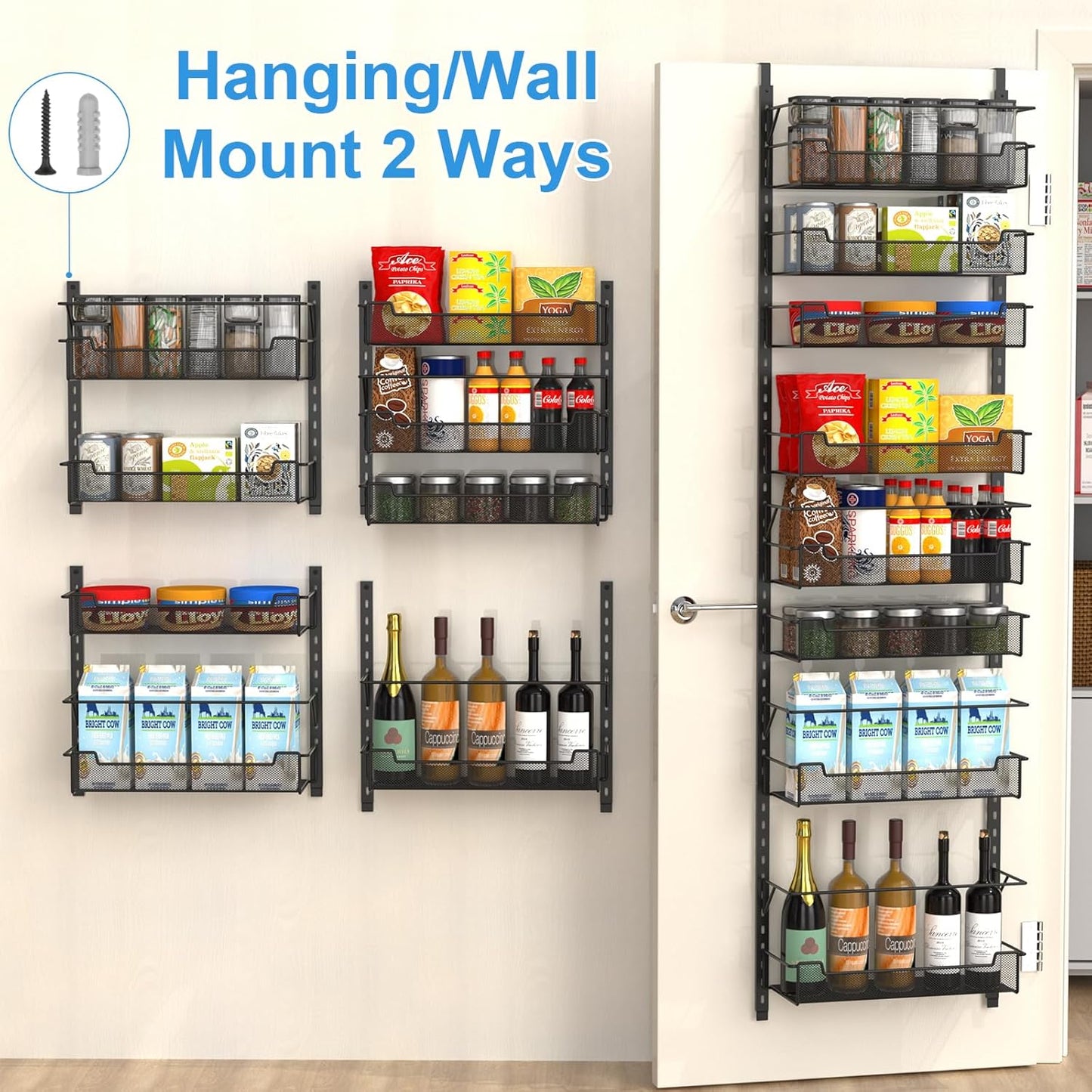 Over the Door Pantry Organizer, 8-Tier Over the Door Organizer with Adjustable Basket, Pantry Door Organization for Pantry Kitchen Storage Room Spice Rack, Black