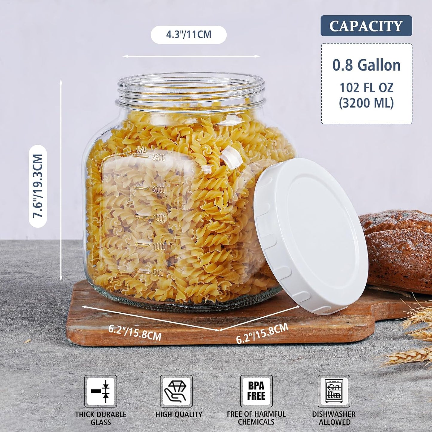 2 Pack 0.8 Gallon Glass Jar With Lid, 102 Oz Wide Mouth Mason Jars, Clear Glass Storage Jars With 2 Scale Marks, Canning Jars For Pickling, Rice, Sugar, Flour, Pasta