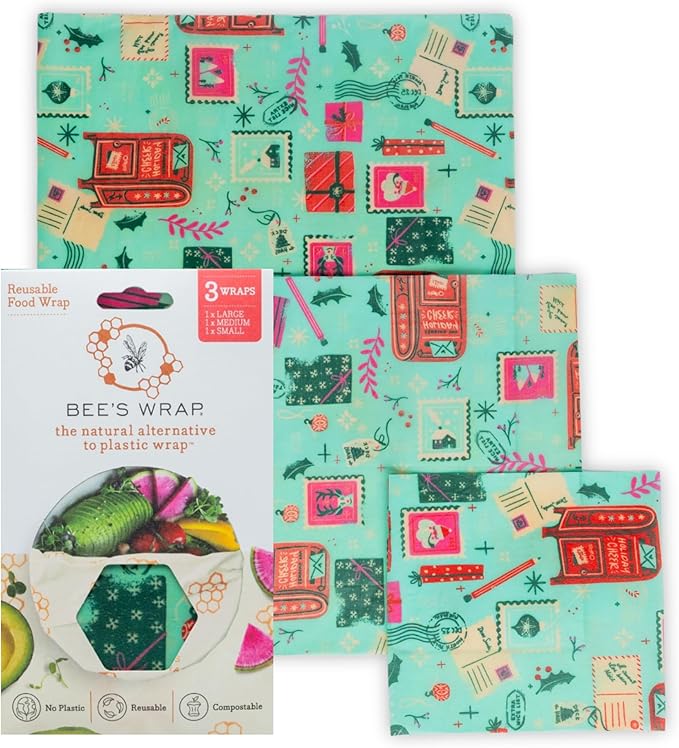 Bee's Wrap Beeswax Wraps for Food - Seasons Greetings 3 Pack (S, M, L) Made in USA Reusable & Organic Food Wraps, Sandwich Wrap & Bowl Covers - Eco-Friendly Alternative to Aluminum Foil & Plastic Wrap