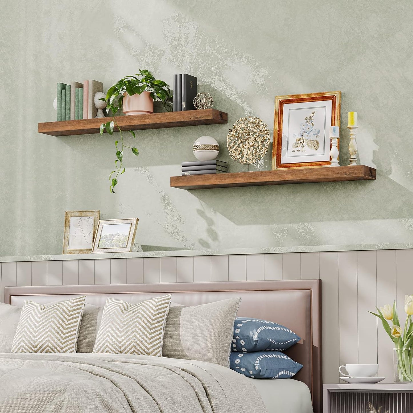 HOOBRO Floating Shelves for Wall, Wall Mounted Shelf Set of 2, 47.2" Hanging Shelf with Invisible Brackets, for Wall Bathroom, Bedroom, Toilet, Kitchen, Living Room, Office, Rustic Brown BF120BJP201