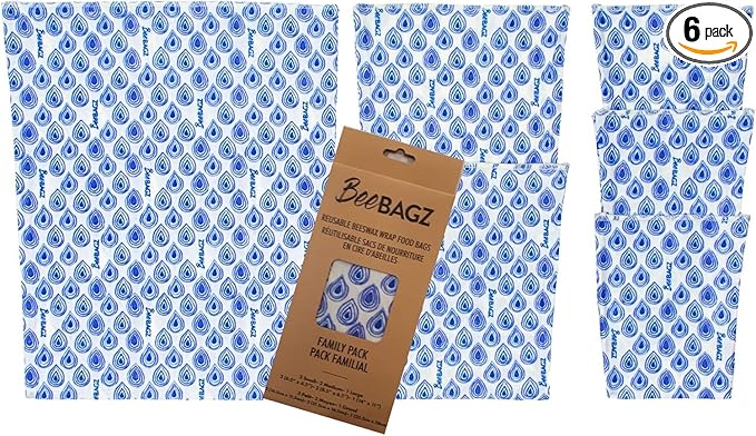 Beeswax Wrap Storage Bag, Reusable Food Storage Bags, Pack of 6, Plastic Free Biodegradable Food Wrap Alternative, Family Pack, 3 Small + 2 Medium + 1 Large, (Blue)