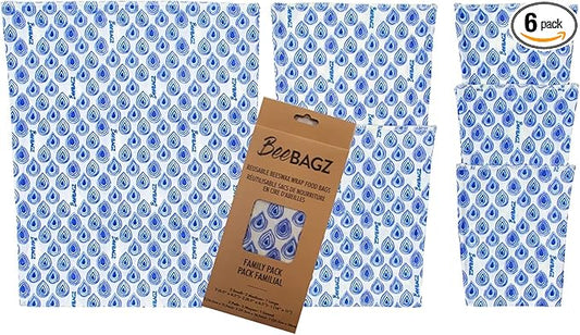 Beeswax Wrap Storage Bag, Reusable Food Storage Bags, Pack of 6, Plastic Free Biodegradable Food Wrap Alternative, Family Pack, 3 Small + 2 Medium + 1 Large, (Blue)