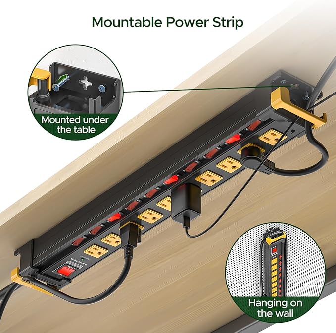 10 Outlet Heavy Duty Long Power Strip with Individual Switches,3300J Surge Protector Power Strip,6FT Cord Management, Wall Mount, Wide-Spaced, ETL Listed (15A/1875W)