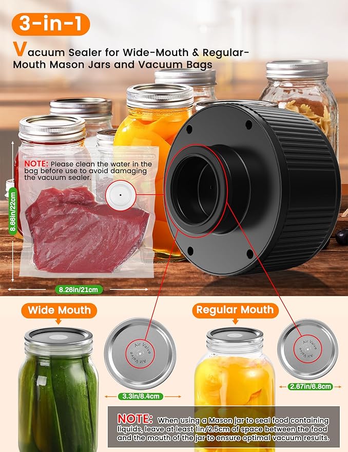 Electric Mason Jar Vacuum Sealer, MJ02 Cordless Automatic Mason Jars Vacuum Sealer Kit for Wide Mouth and Regular Mouth Mason Jars with 20 Air Valve Mason Lids & 2 Vacuum Bags