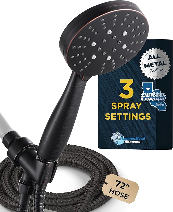 HammerHead Showers® Solid METAL 3-Spray Handheld Shower Head with Long Hose and Holder OIL RUBBED BRONZE - WIDE MASSAGE and MIST Sprays - 1.8 GPM Low Flow Handheld Showerhead -Water Saving Shower Head