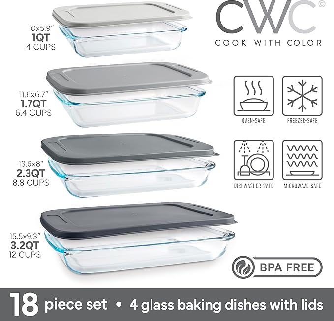 COOK WITH COLOR 8-Piece Deep Glass Baking Dish Set with Plastic Lids – Casserole and Food Storage Containers for Lasagna, Leftovers – Freezer-to-Oven, Microwave & Dishwasher Safe, Grey