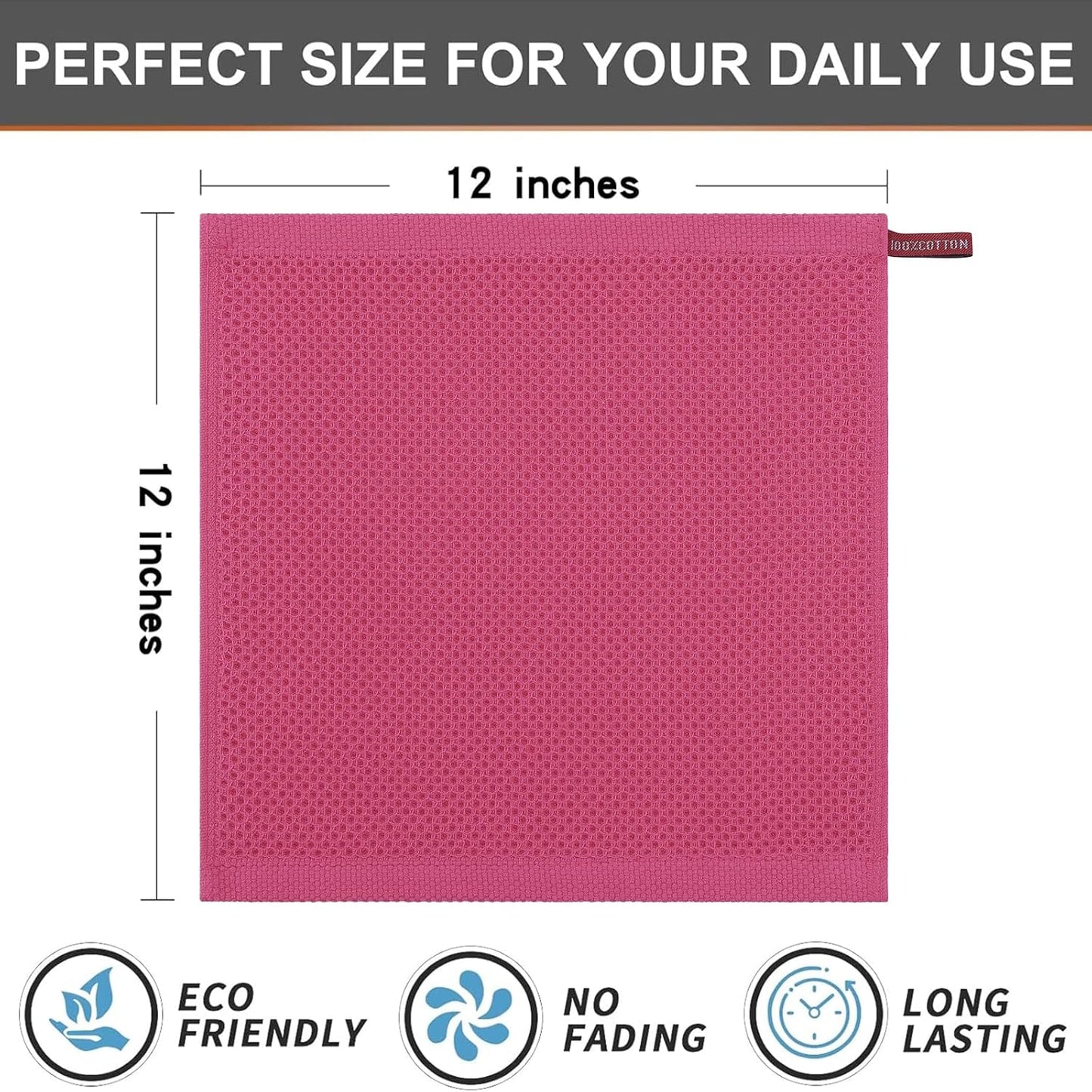 Kitinjoy 100% Cotton Kitchen Dish Cloths, 6 Pack Waffle Weave Ultra Soft Absorbent Dish Towels for Drying Dishes Quick Drying Kitchen Towels Dish Rags, 12 X 12 Inches, Hot Pink