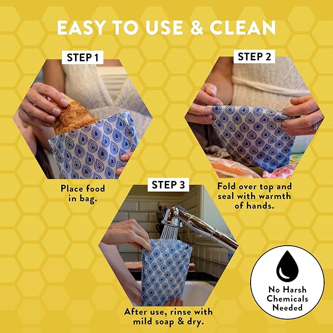 Beeswax Wrap Storage Bag, Reusable Food Storage Bags, Pack of 6, Plastic Free Biodegradable Food Wrap Alternative, Family Pack, 3 Small + 2 Medium + 1 Large, (Blue)