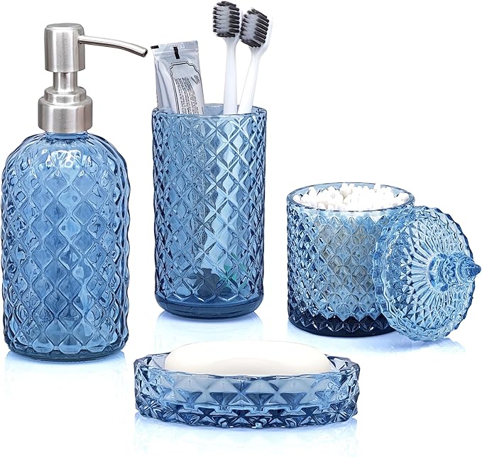 Blue Bathroom Accessories Set, 4Pcs Clear Glass Bathroom Accessory Set, Lotion Soap Dispenser, Toothbrush Holder Set, Soap Dish, Qtip Holder for Vintage Crystal Bath Decor, Light Blue
