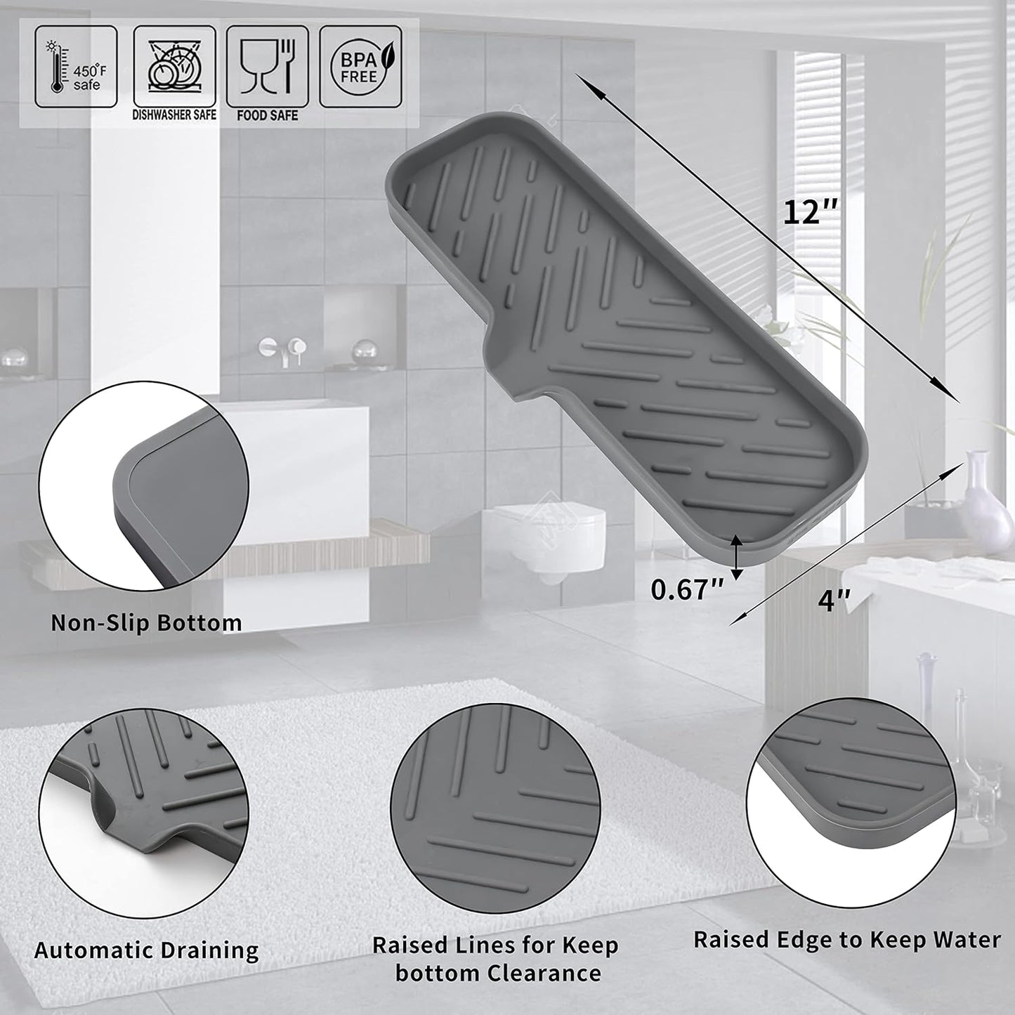 Silicone Bathroom Soap Dishes with Drain Spout-Bathroom and Kitchen Sink Organizer,Sponge Holder,Dish Soap Tray,Perfect for Dispenser,Scrubber,Bottle,Cup on Sink or Counter-Grey 12"×4"