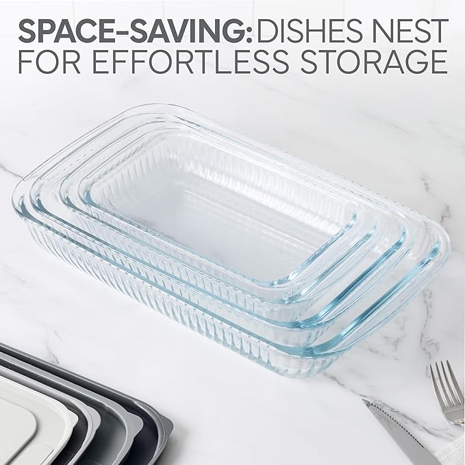 COOK WITH COLOR 8-Piece Deep Glass Baking Dish Set with Plastic Lids – Casserole and Food Storage Containers for Lasagna, Leftovers – Freezer-to-Oven, Microwave & Dishwasher Safe, Fluted Grey