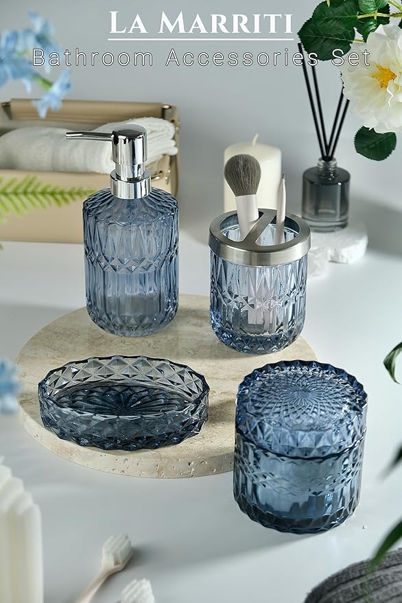 Blue Bathroom Accessories Set, 4Pcs Clear Glass Bathroom Accessories, Lotion Soap Dispenser Set, Toothbrush Holder, Qtips Holder, Soap Dish for Crystal Modern Bath Decor, Vintage Gift Set