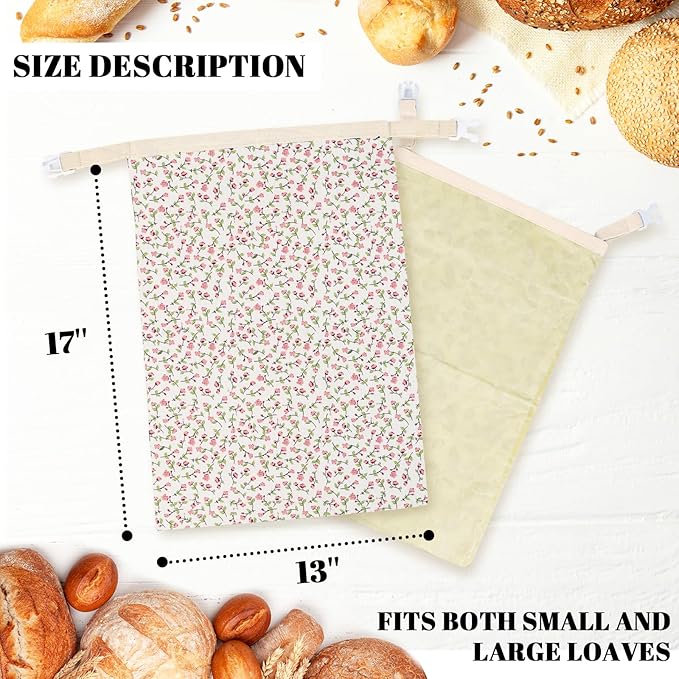 2 Pack Beeswax Bread Bags - 19x13 Inch Reusable Bread Storage Bags,Bees Wax Lined Bread Bags for Home Cooks fresh bread storage Easy Clean (Pink Floral)