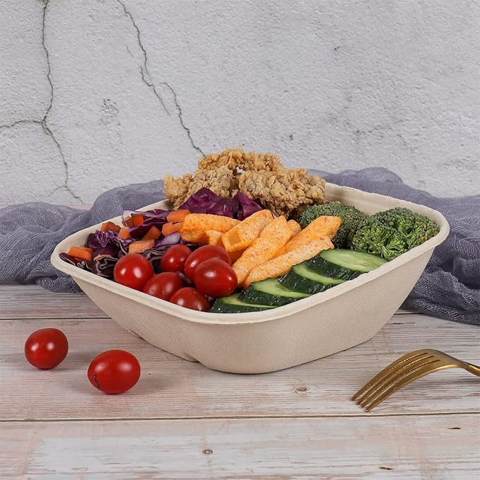 30 oz Disposable salad bowls with lids, Sugarcane Fiber Paper Bowls take away Bagasse food containers meal prep deli container 50 Pack