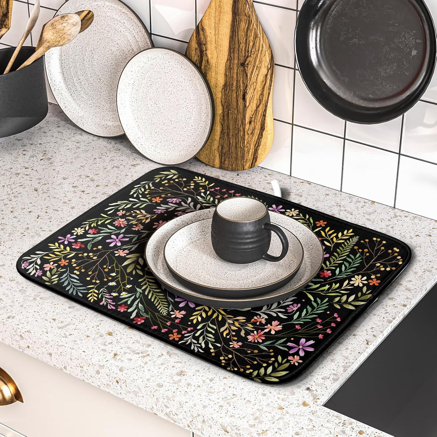 Absorbent Dish Drying Mat Colorful Flowers Microfiber Pad for Kitchen Counter Coffee Bar Decor 16" X 18"