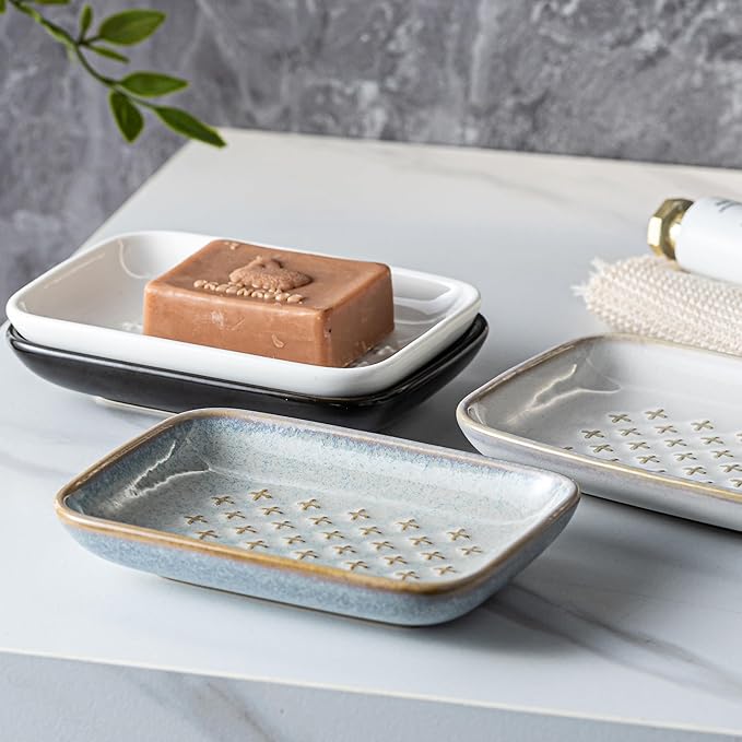 Gomakren Soap Dish, Shower Soap Holder, Ceramic Soap Dishes for Bar Soap Sponge Shampoo, Soap Saver Tray for Bathroom Kitchen Sink Counter, 5.5 Inch, Gray