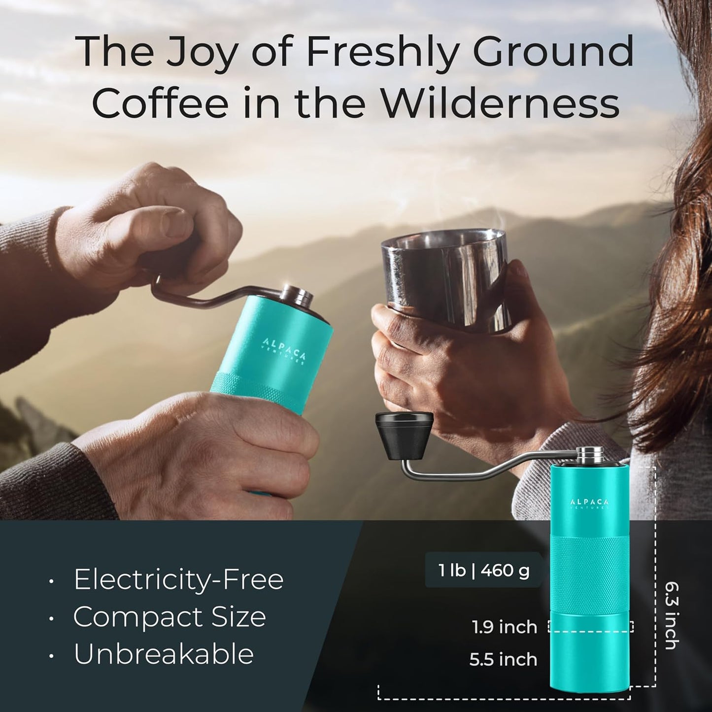 Manual Coffee Grinder by Alpaca Ventures - Stainless Steel Conical Burr Coffee Grinder Manual with Adjustable Setting Double Bearing Hand Espresso Grinder Perfect for Home, Office and Camping