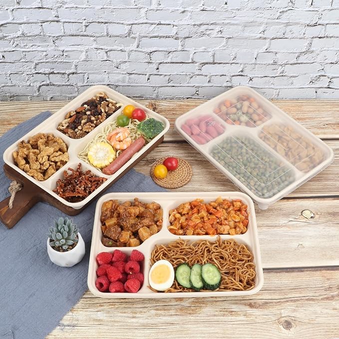 40 oz 4 Compartments disposable Sugarcane Fiber plates with Lids Bagasse Plant Fibers Freezer Safe 25 Pack