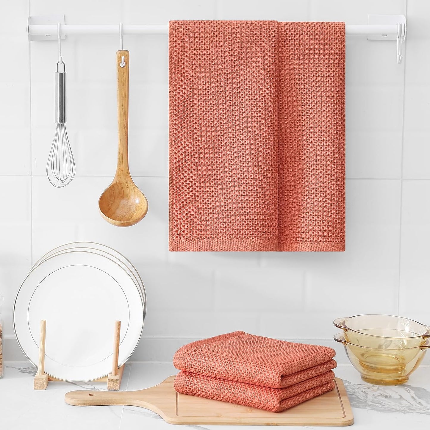 Kitinjoy 100% Cotton Waffle Weave Kitchen Towels, 6-Pack Super Soft and Absorbent Dish Towels for Drying Dishes, Kitchen Hand Towels, 13 in x 28 in, Coral