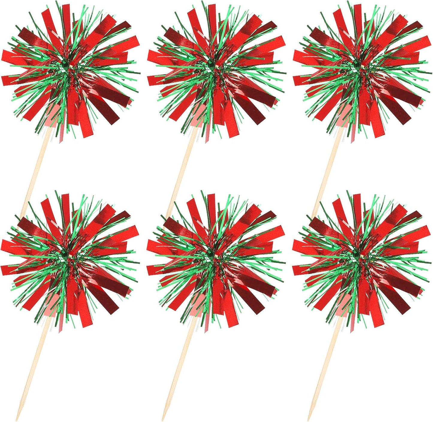30 PCS Foil Firework Cupcake Toppers Sparkle Tinsel Cupcake Picks Happy Birthday Cake Decorations Drink Stirrers Cocktail Food Fruit Toothpicks for Baby Shower Graduation Party Supplies Red Green