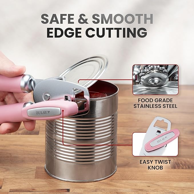 Zulay Kitchen Heavy Duty Stainless Steel Can Opener Manual with Bottle Opener - Rust Proof Manual Can Opener With Turn Knob & Soft Grip Handles