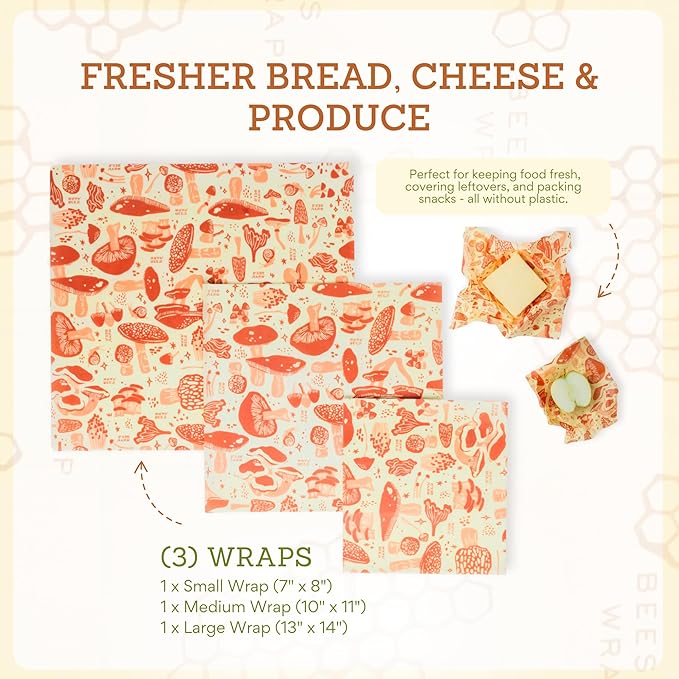Bee's Wrap Beeswax Wraps for Food - Mushroom Magic 3 Pack (S, M, L) Made in USA Reusable & Organic Food Wraps, Sandwich Wrap & Bowl Covers - Eco-Friendly Alternative to Aluminum Foil & Plastic Wrap