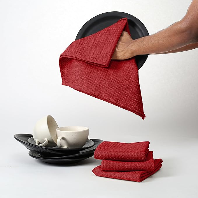 Red Waffle Kitchen Towels, 16x26 Inch, Absorbent, Soft, 100% Cotton, Quick Drying, Reusable, Machine Washable, Perfect for Kitchen Cleaning, Multipurpose Towel for Everyday Use, 4 Pack