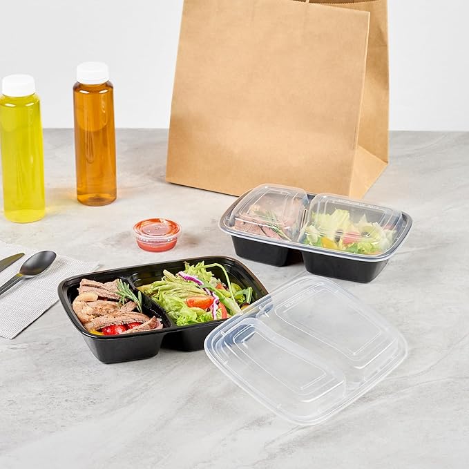 Restaurantware Asporto 32 Ounce Compartment Take Out Boxes, 50 Microwavable Meal Prep Containers - 2 Compartments, With Clear Plastic Lids, Black Plastic Food Containers, Do Not Contain BPA