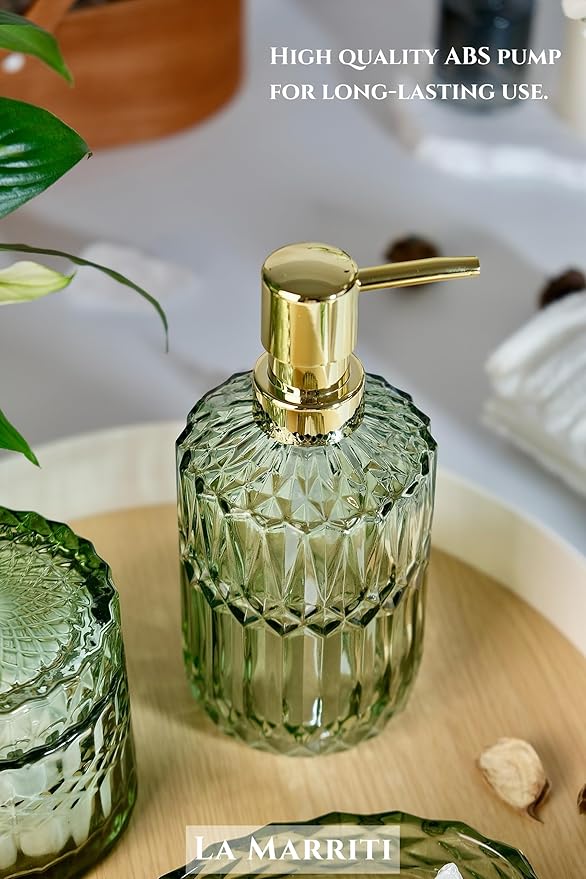 4pcs Green Bathroom Accessories Set, Crystal Glass Bathroom Accessories, Lotion Soap Dispenser, Toothbrush Holder, Soap Dish, Qtips Holder Set for Vintage Bathroom Countertop Decor