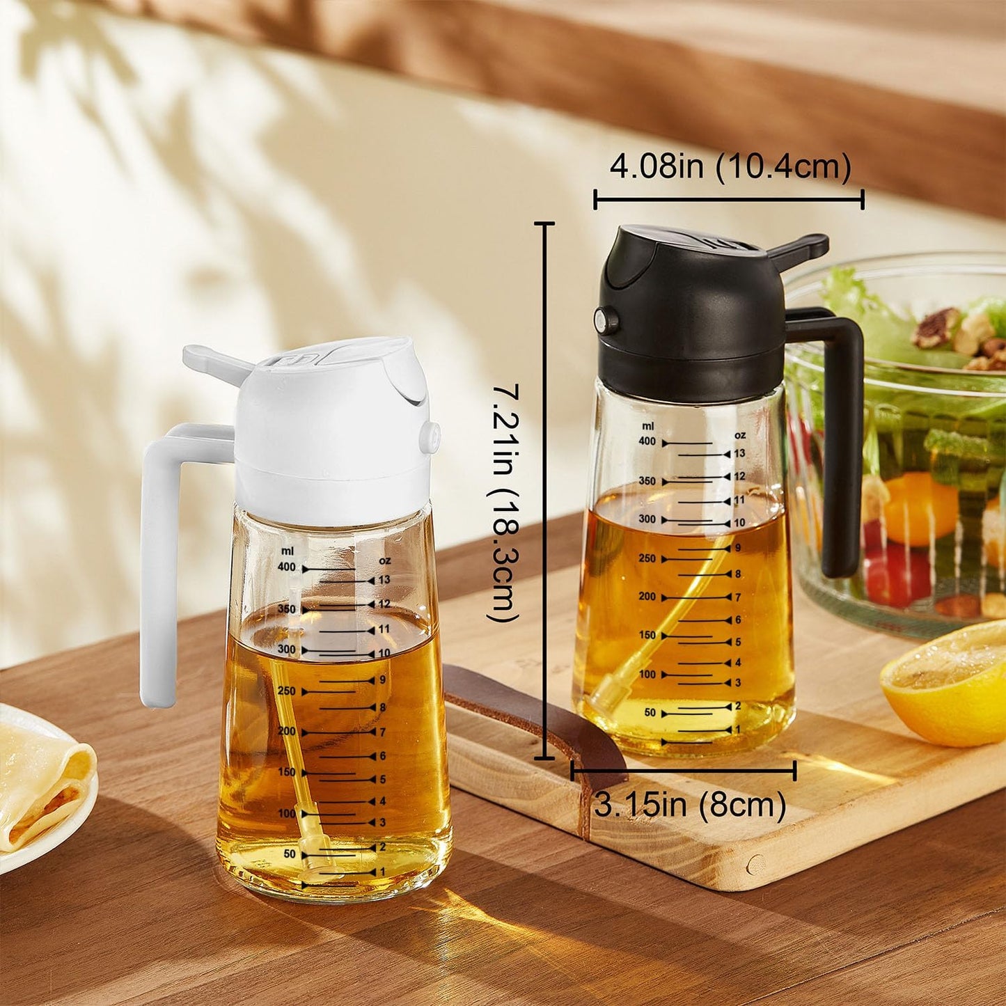 TrendPlain 16oz/470ml Glass Olive Oil Sprayer for Cooking – 2 in 1 Olive Oil Dispenser Bottle for Kitchen Gadgets and Air Fryer Accessories, Salad, BBQ - White