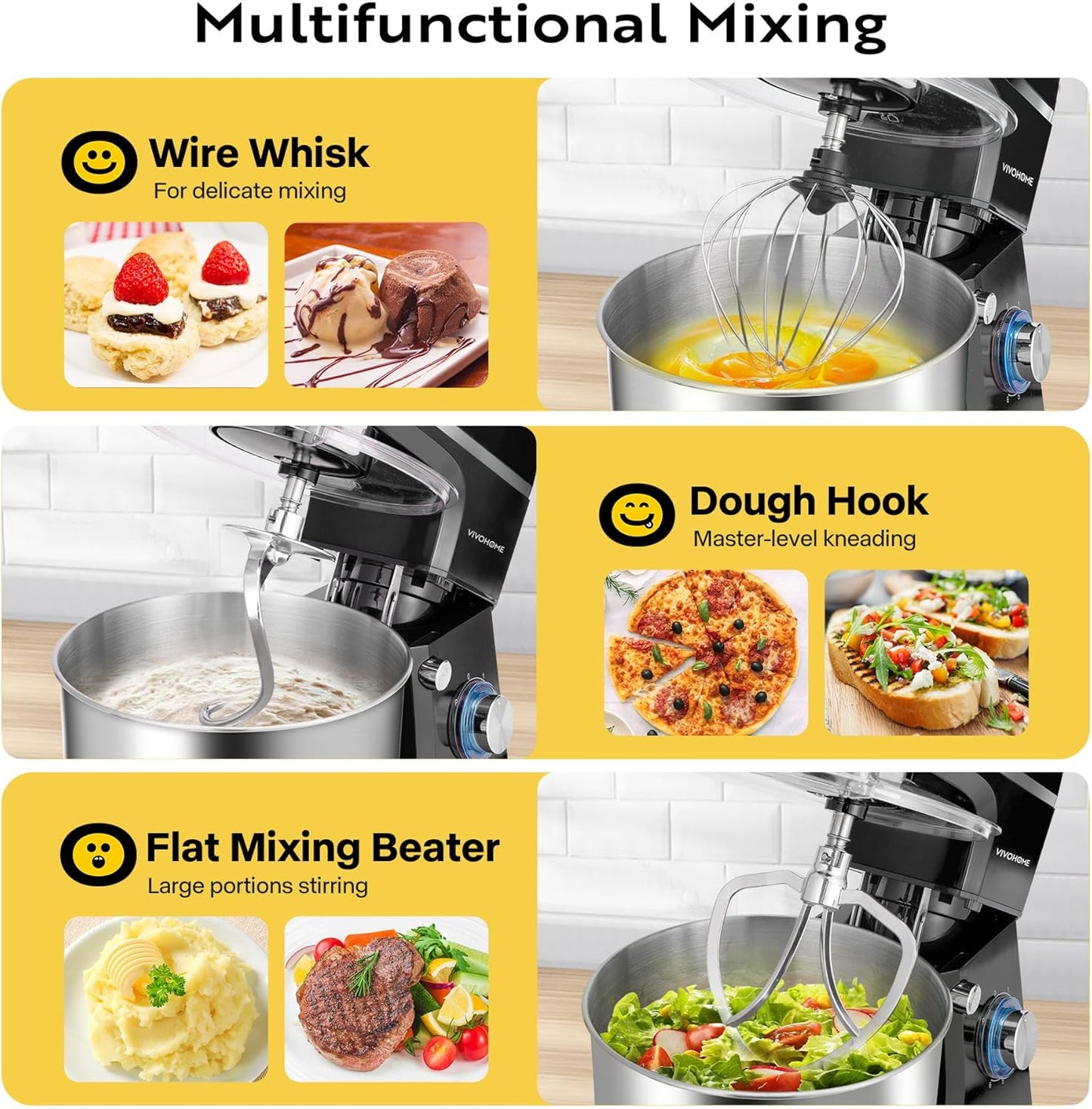 VIVOHOME 7.5 Quart Stand Mixer, 660W 6-Speed Tilt-Head Kitchen Electric Food Mixer with Beater, Dough Hook, Wire Whip, and Egg Separator, Black