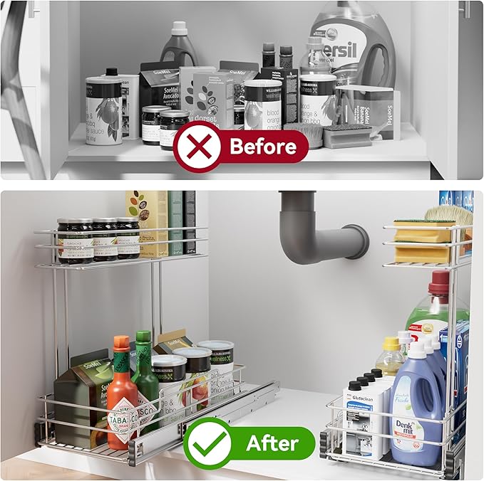Under Sink Organizer 9"W X17"D, Pull Out Cabinet Organizer 2 Tier, Under Sink Slide Out Chrome Plated, Under Kitchen Bathroom Sink Organizer, Pantry Cabinet Closet Organization Rack, 2 Pack