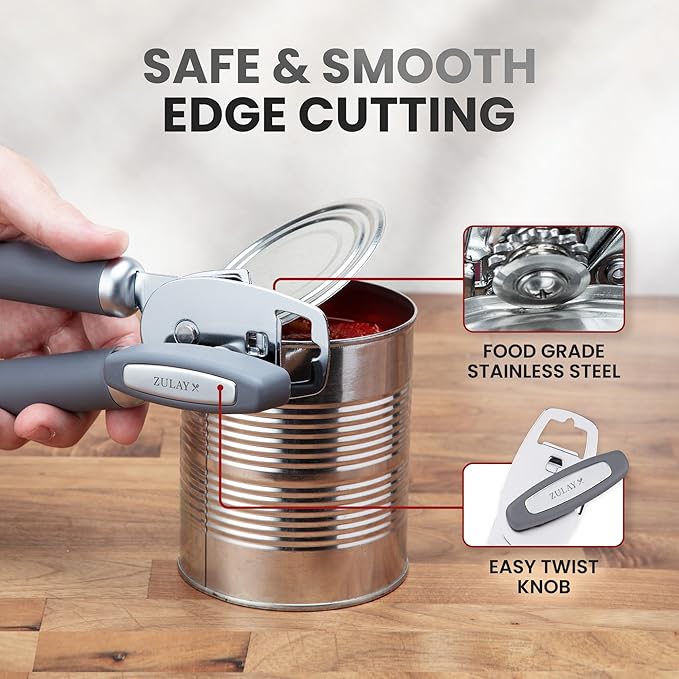 Zulay Kitchen Heavy Duty Stainless Steel Can Opener Manual with Bottle Opener - Rust Proof Manual Can Opener With Turn Knob & Soft Grip Handles