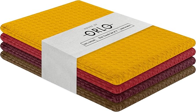 Multicolor Waffle Kitchen Towels, 16"x26", Soft, Absorbent, Durable, Quick Drying, Reusable, 100% Cotton, Ideal for Kitchen Cleaning, Drying Dishes, Set of 4, Brown, Maroon, Red, Yellow