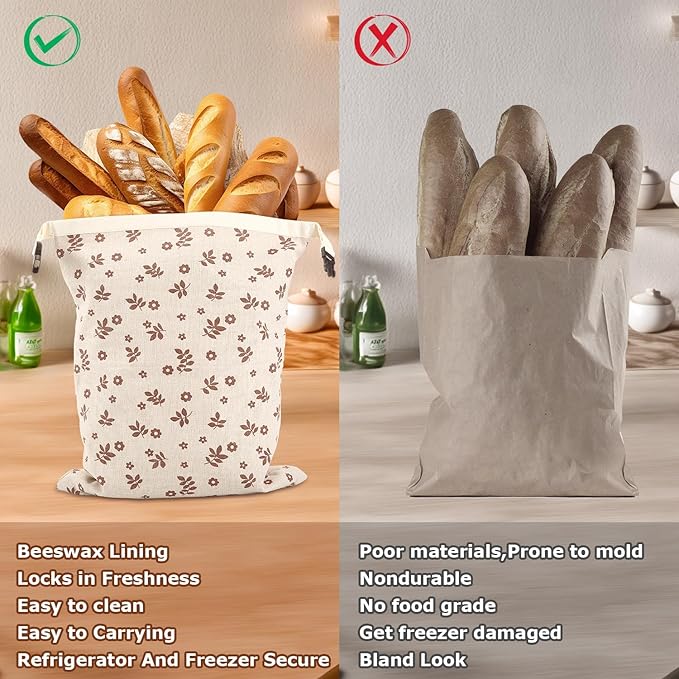 Reusable Sourdough Beeswax Bread Bags (2 Pack) - Beeswax Bag for Homemade Bread Storage, Coffee Leaf Print Design Storage Bag to Keep Freshand and Upgrade Large Capacity Portable