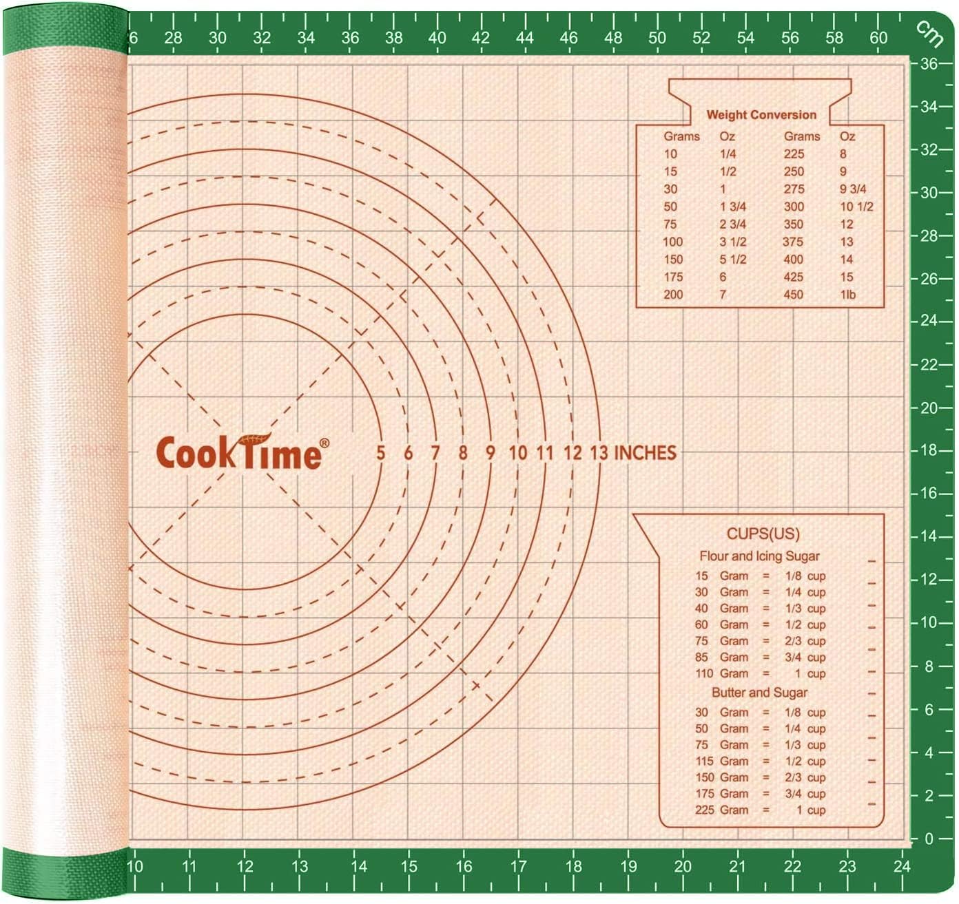 Silicone Pastry Baking Mat Non Stick-Large Rolling Dough with Measurements-Non Slip Pizza,Fondant,Pie,Cake Baking Mat - 26 x 16 Inch By Cook Time(Green)