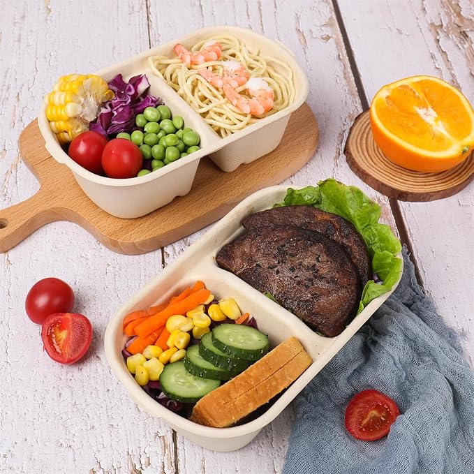 23 oz Disposable bowls with lids, 2 compartments Sugarcane Fiber Food Container Food Storage 50 Pack