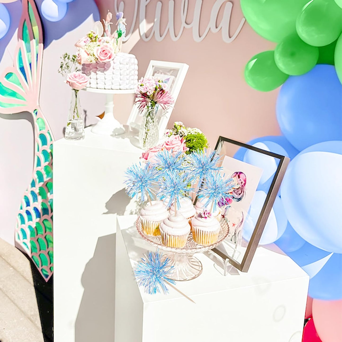 30 PCS Foil Firework Cupcake Toppers Happy Birthday Cupcake Toppers Sparkle Tinsel Flower Drink Stirrers Cocktail Fruit Toothpicks for Valentine's Day Baby Shower Party Cake Decor Supplies Blue