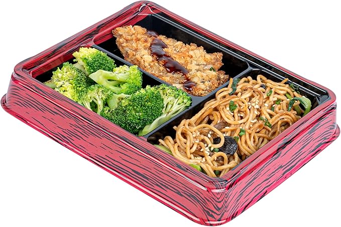 Restaurantware-Bento Tek 16.1 Ounce Meal Prep Containers, 100 Disposable To Go Food Boxes - Lids Sold Separately, 3 Compartments, Red And Black Plastic Bento Lunch Boxes, Freezable, For Take Out