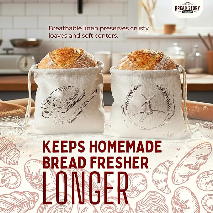 Linen Bread Bag – Reusable Linen Bags for Homemade Bread & Sourdough | Cloth Bags for Sourdough, Artisan Loaves, & Pastries | Unbleached Natural Fabric with Drawstring Closure, 2-Pack, 11 x 15"