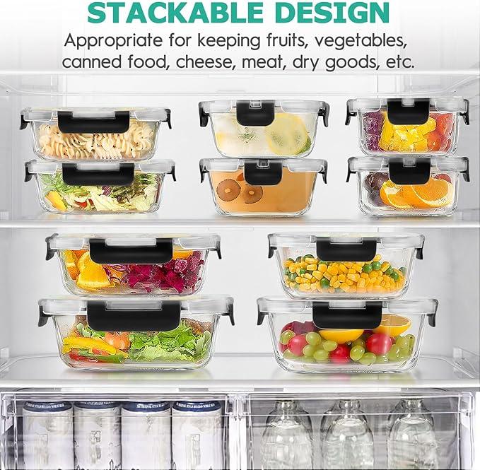 34pcs Glass Food Storage Containers with Lids Set, Airtight Glass Meal Prep Containers (17 Containers & 17 Lids), Leak Proof Lunch Containers BPA-Free, Microwave, Oven, Freezer, Dishwasher Safe