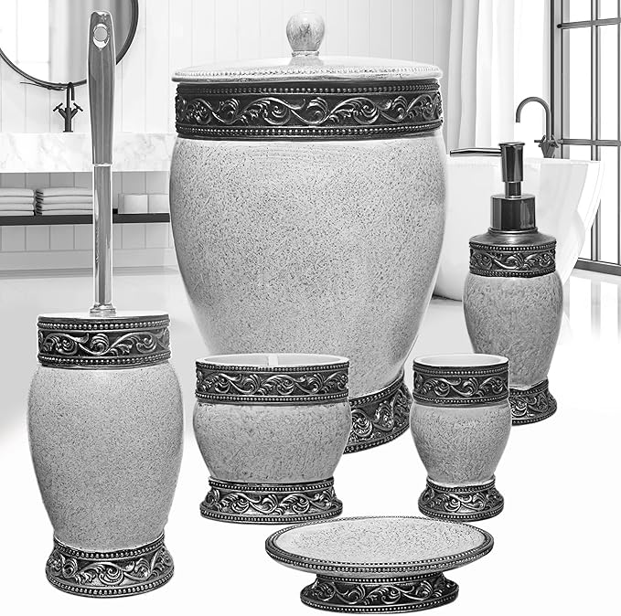 6 Pieces Bathroom Accessories Set Including Trash Can, Cup, Toothbrush Holders, Soap Dishes, Soap Dispenser and Toilet Brush, Home Decoration, Retro Style, Grey